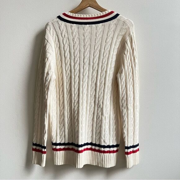 Ralph Lauren V Neck Tennis Sweater White Cricket Cable Knit Academia Size Large - Picture 3 of 5